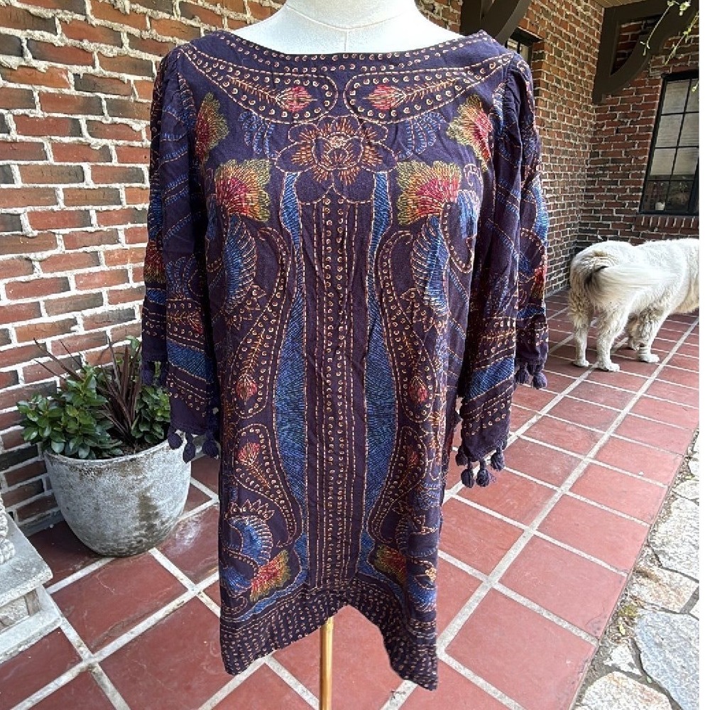 Farm Rio Purple Paisley Tassel Open Back Mini Dress Bohemian Shift Small